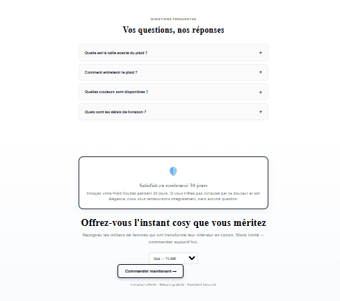 FAQ et CTA plaid douillet